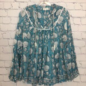 Little Gypsy Co Blue Floral Block Print Blouse Size M
